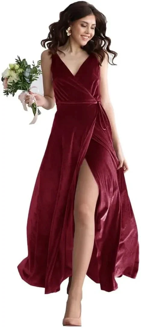 Velvet V Neck Bridesmaid Dress Long Women's Prom Formal Party Gown with Slit - Image 9