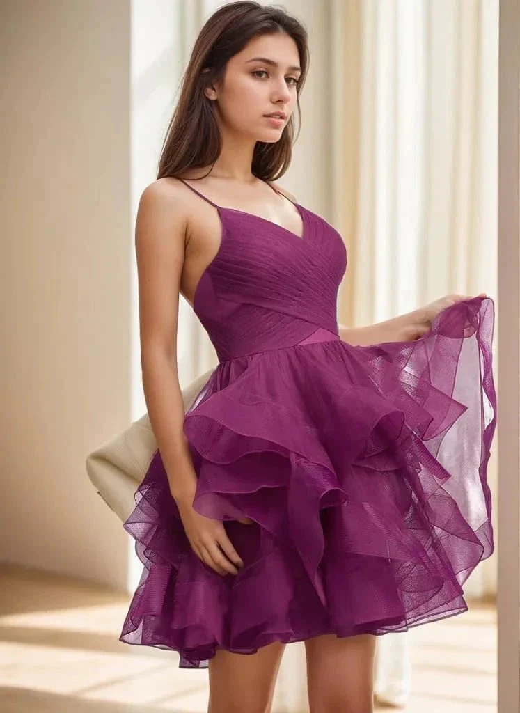 Puffy Ruffle Short Homecoming Dress Tull Tutu Prom Dress V Neck Formal Party Gown - Image 3