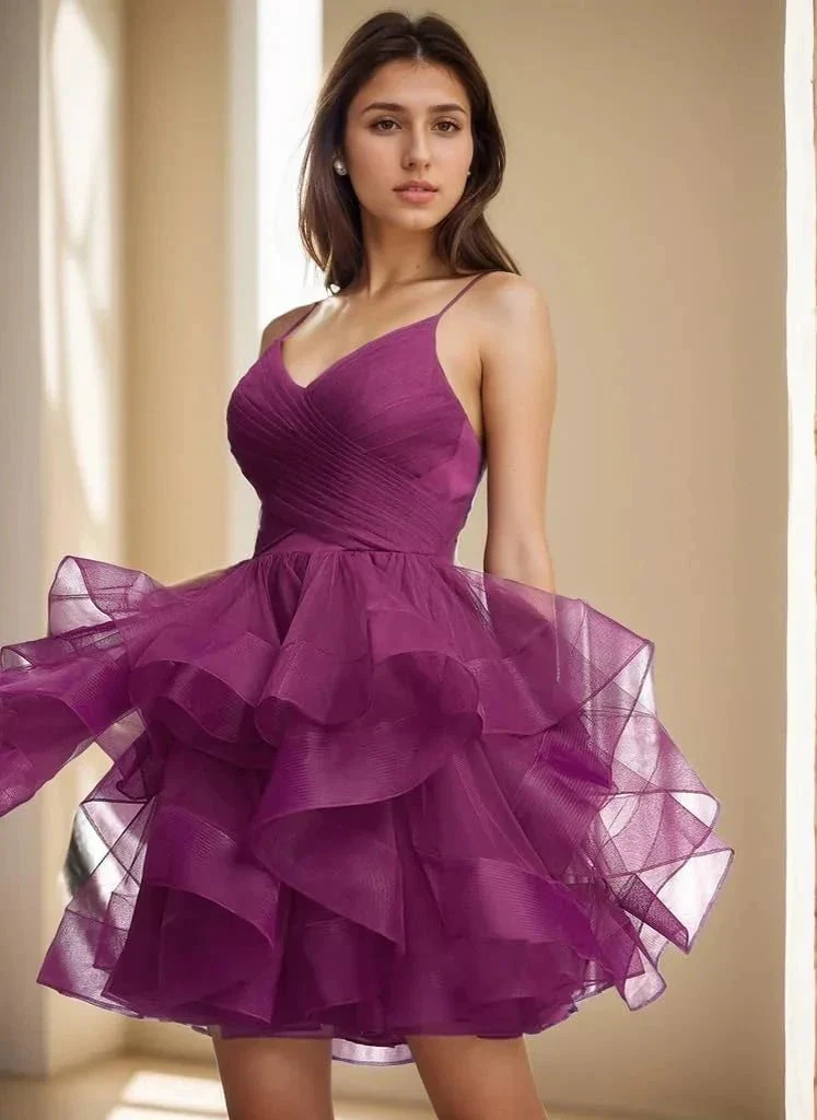 Puffy Ruffle Short Homecoming Dress Tull Tutu Prom Dress V Neck Formal Party Gown - Image 5