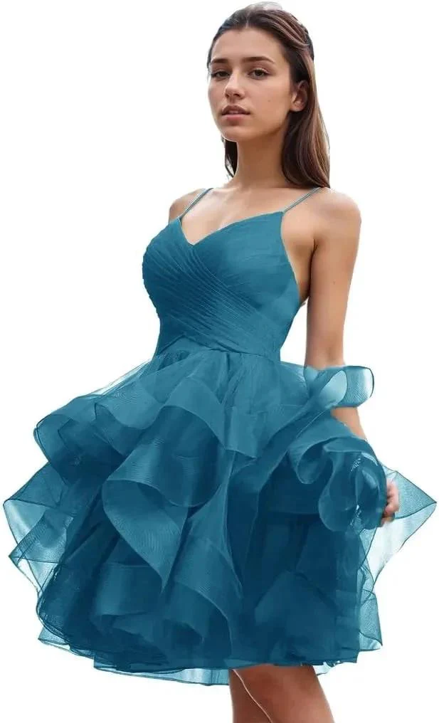 Puffy Ruffle Short Homecoming Dress Tull Tutu Prom Dress V Neck Formal Party Gown - Image 8