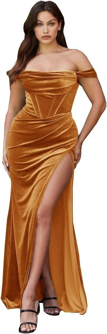 Women's Velvet Slit Mermaid Prom Dress Long Off Shoulder Bridesmaid Dress Strapless Party Gown - Image 10