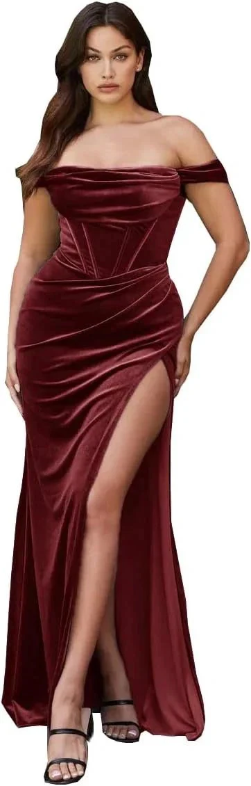 Women's Velvet Slit Mermaid Prom Dress Long Off Shoulder Bridesmaid Dress Strapless Party Gown - Image 9