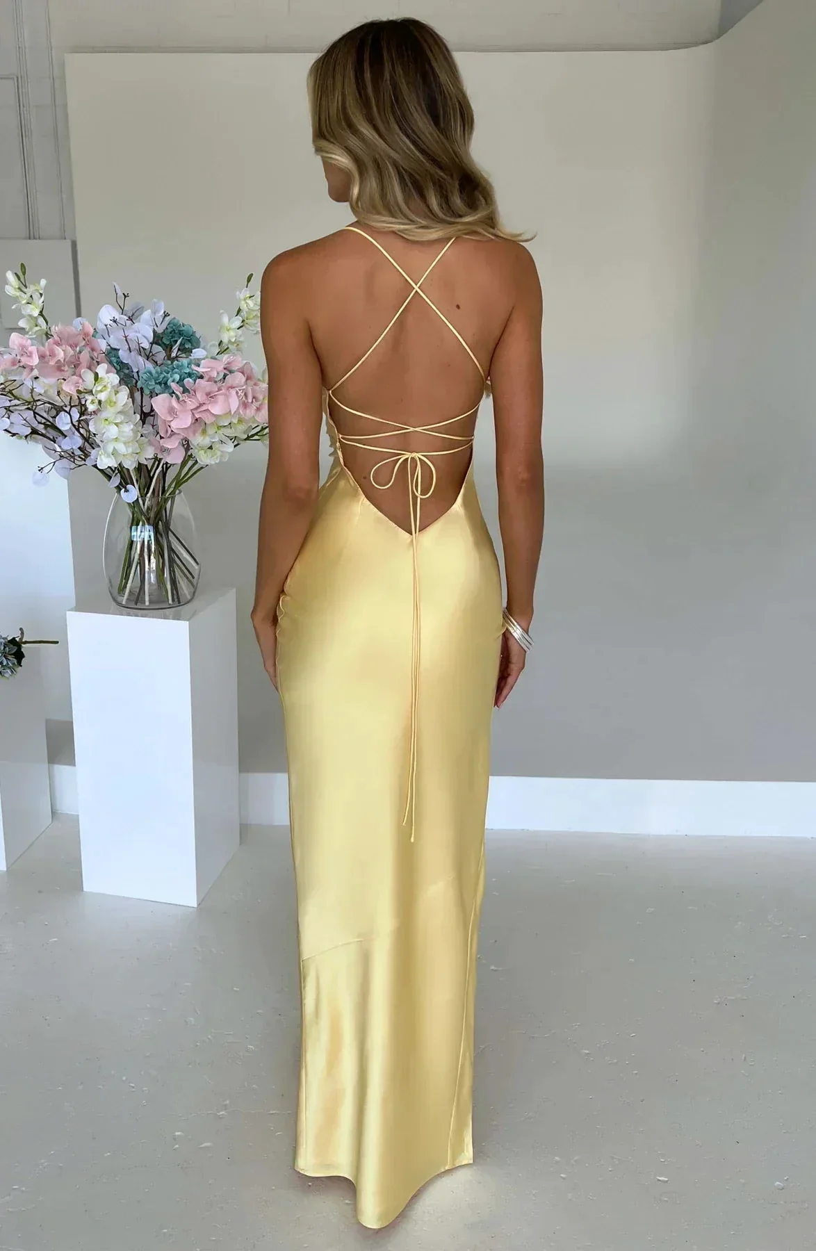 Satin Maxi Dress Cross Over Straps with A Self Tie Fastening SYP178 - Image 2