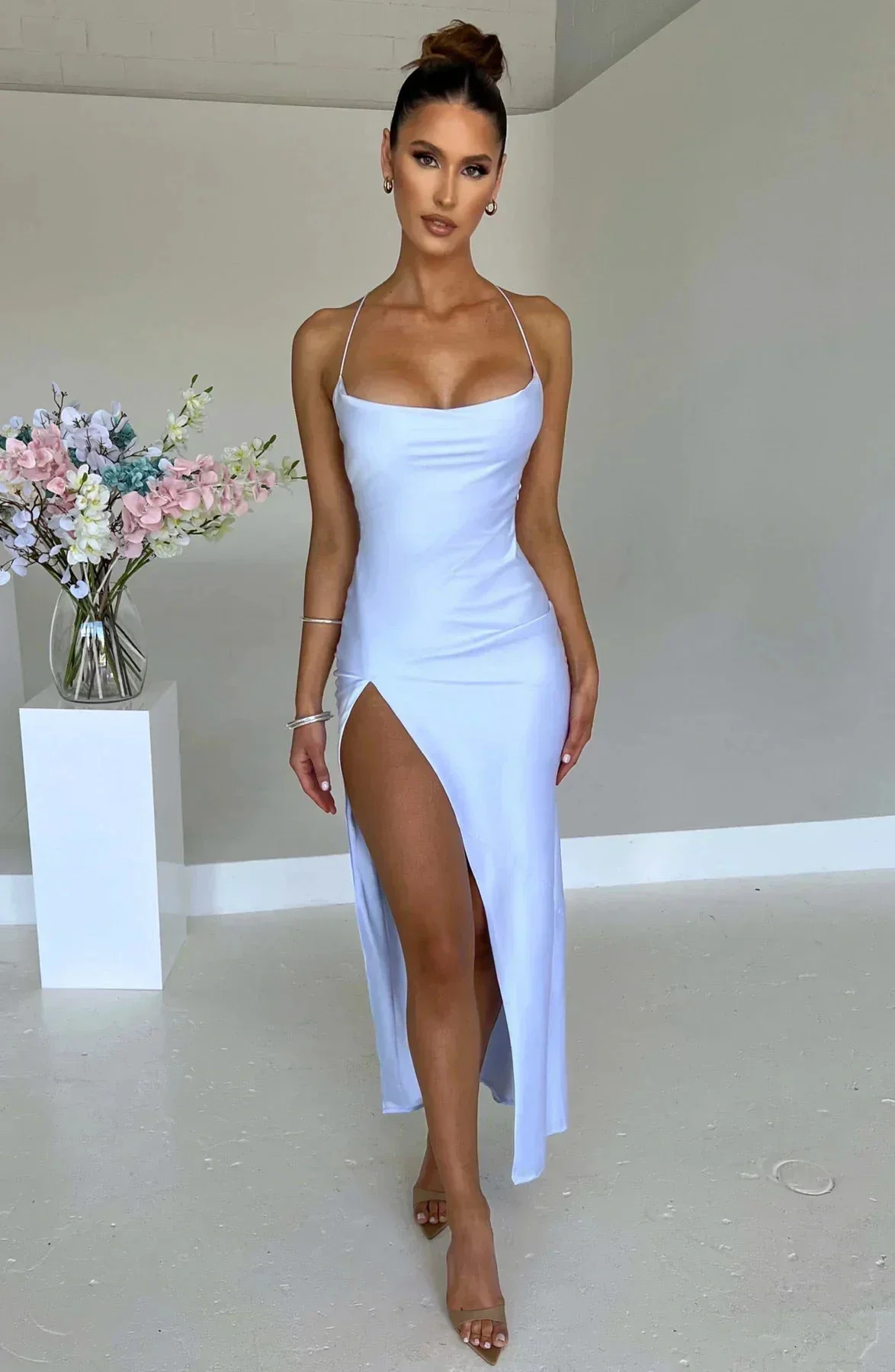 Satin Maxi Dress Cross Over Straps with A Self Tie Fastening SYP178 - Image 4