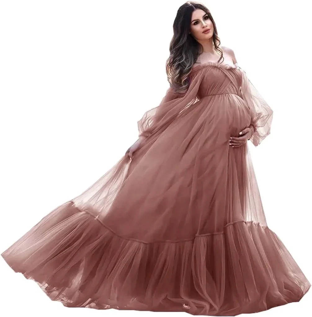 Puffy Sleeve Maternity Dress Tulle Robe for Photoshoot Off Shoulder Pregnancy Baby Shower Gown - Image 10