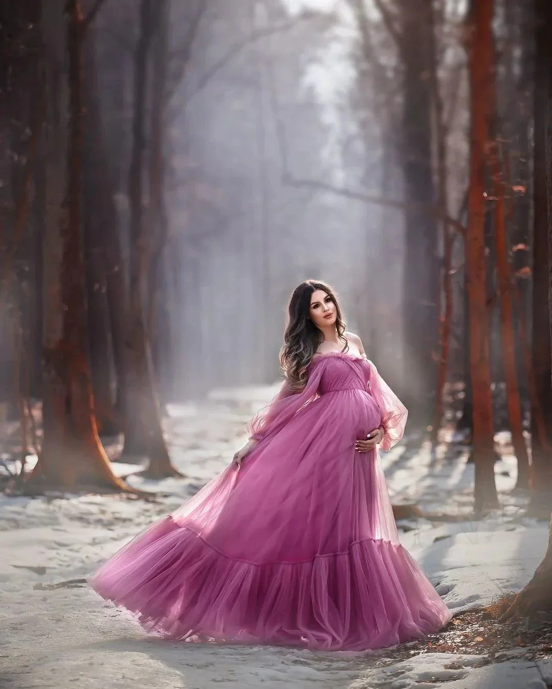 Puffy Sleeve Maternity Dress Tulle Robe for Photoshoot Off Shoulder Pregnancy Baby Shower Gown - Image 3