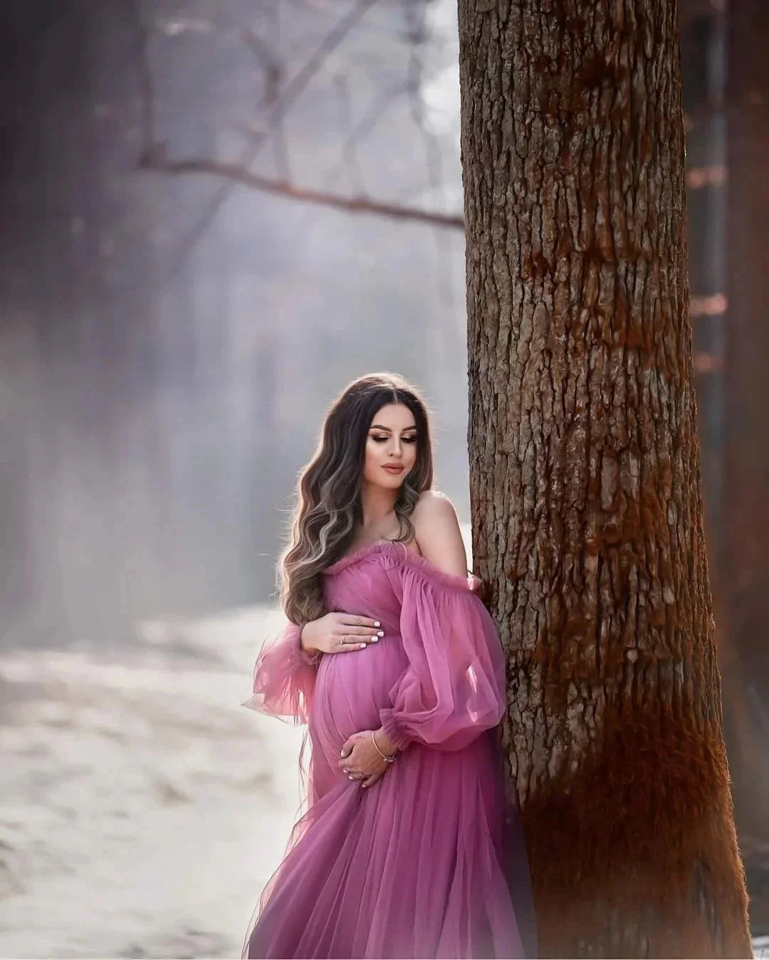 Puffy Sleeve Maternity Dress Tulle Robe for Photoshoot Off Shoulder Pregnancy Baby Shower Gown - Image 4