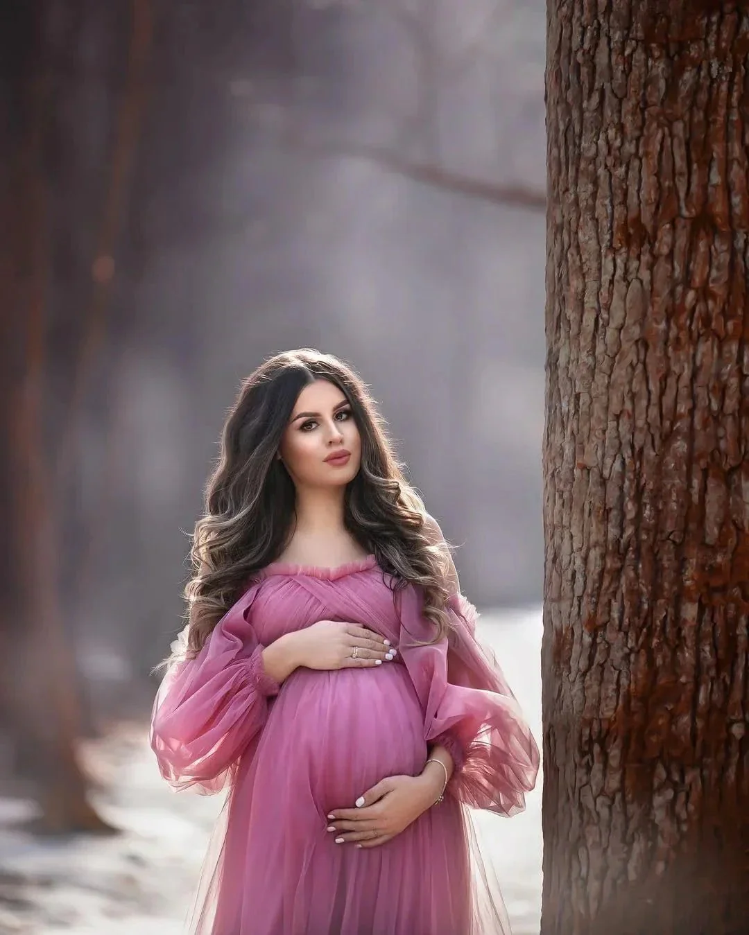 Puffy Sleeve Maternity Dress Tulle Robe for Photoshoot Off Shoulder Pregnancy Baby Shower Gown - Image 5
