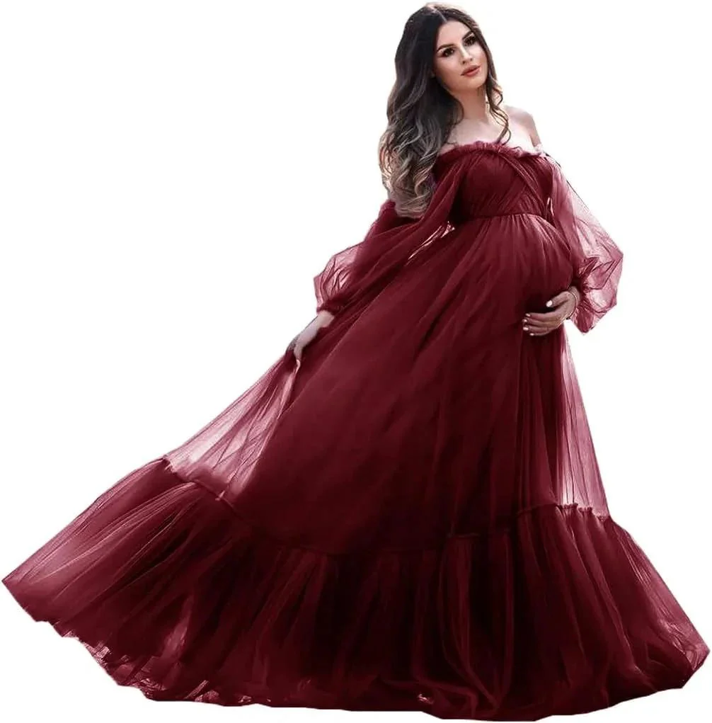 Puffy Sleeve Maternity Dress Tulle Robe for Photoshoot Off Shoulder Pregnancy Baby Shower Gown - Image 6