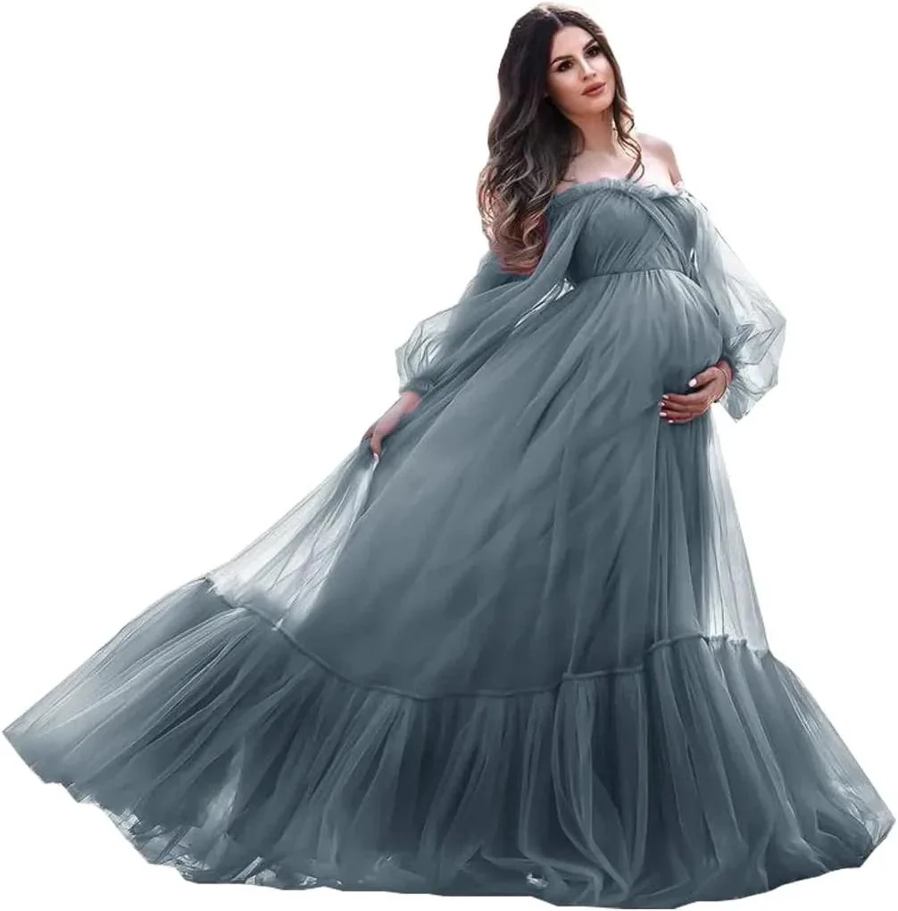 Puffy Sleeve Maternity Dress Tulle Robe for Photoshoot Off Shoulder Pregnancy Baby Shower Gown - Image 7