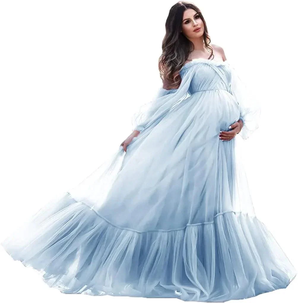 Puffy Sleeve Maternity Dress Tulle Robe for Photoshoot Off Shoulder Pregnancy Baby Shower Gown - Image 8