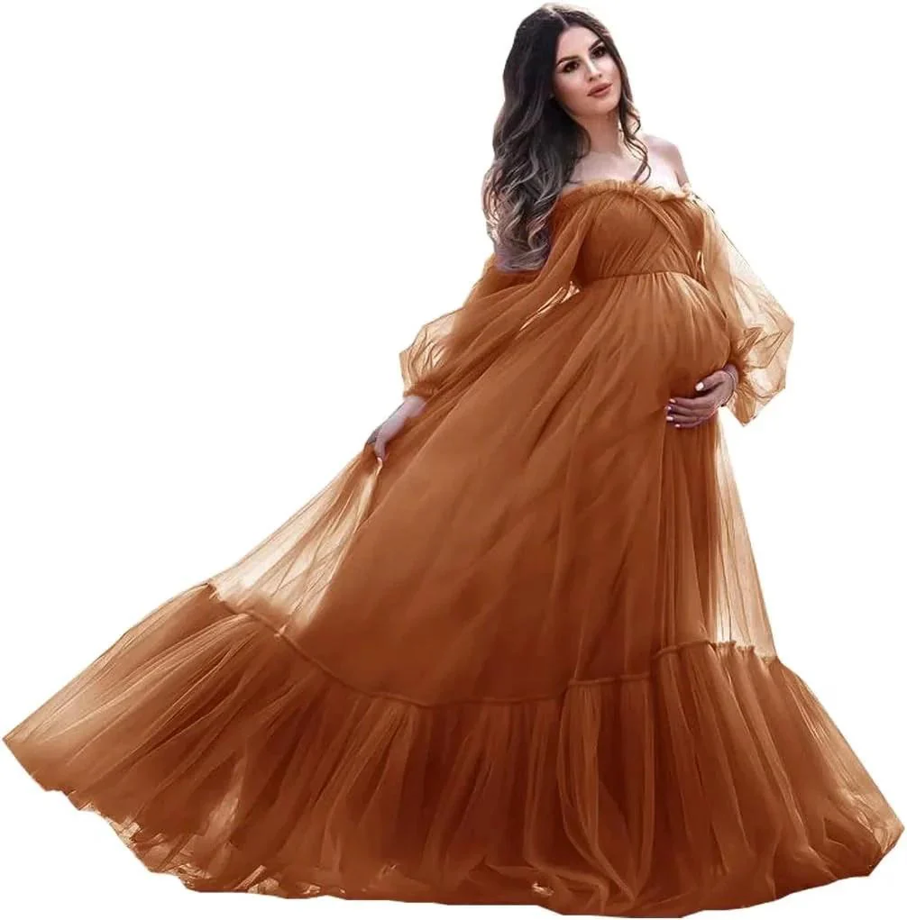 Puffy Sleeve Maternity Dress Tulle Robe for Photoshoot Off Shoulder Pregnancy Baby Shower Gown - Image 9