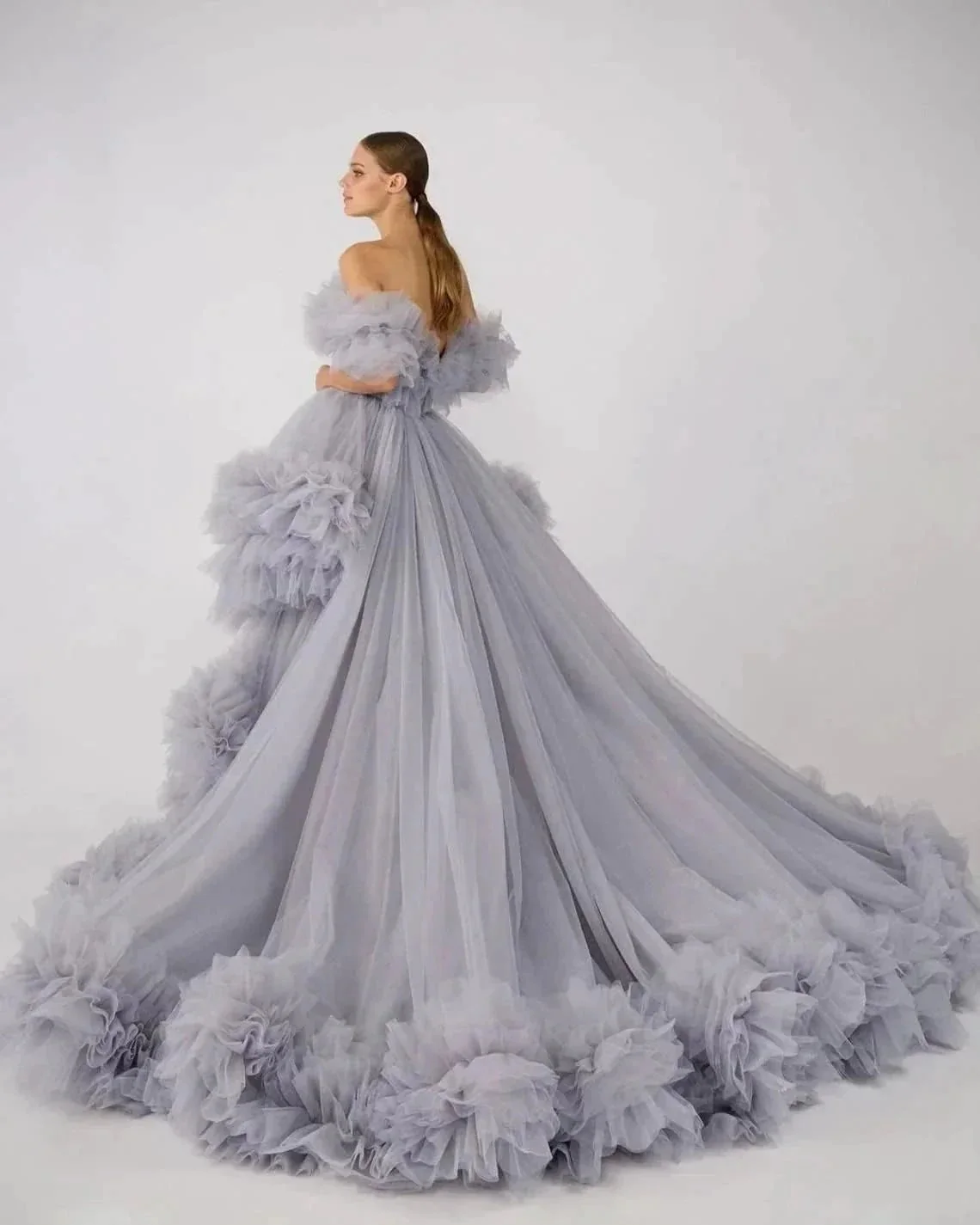 Ruffles Tulle Robe for Maternity Photoshoot Sheer Off Shoulder Maternity Robe Pregnant Baby Shower Prom Gown - Image 3
