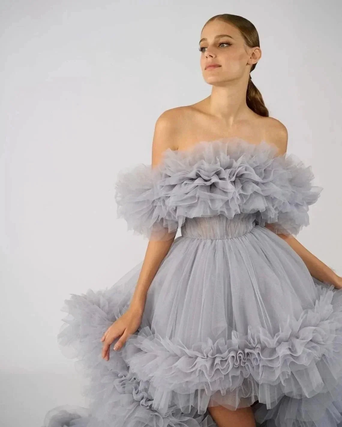 Ruffles Tulle Robe for Maternity Photoshoot Sheer Off Shoulder Maternity Robe Pregnant Baby Shower Prom Gown - Image 4