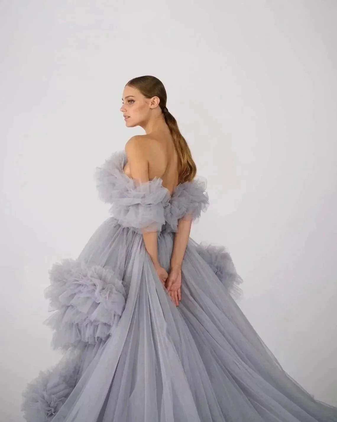 Ruffles Tulle Robe for Maternity Photoshoot Sheer Off Shoulder Maternity Robe Pregnant Baby Shower Prom Gown - Image 5