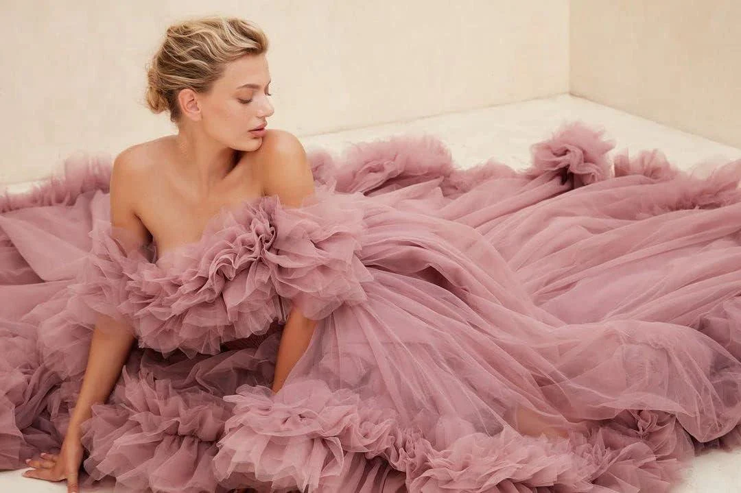 Ruffles Tulle Robe for Maternity Photoshoot Sheer Off Shoulder Maternity Robe Pregnant Baby Shower Prom Gown - Image 6
