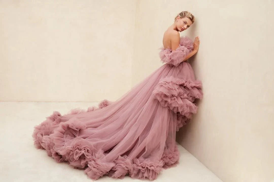 Ruffles Tulle Robe for Maternity Photoshoot Sheer Off Shoulder Maternity Robe Pregnant Baby Shower Prom Gown - Image 7