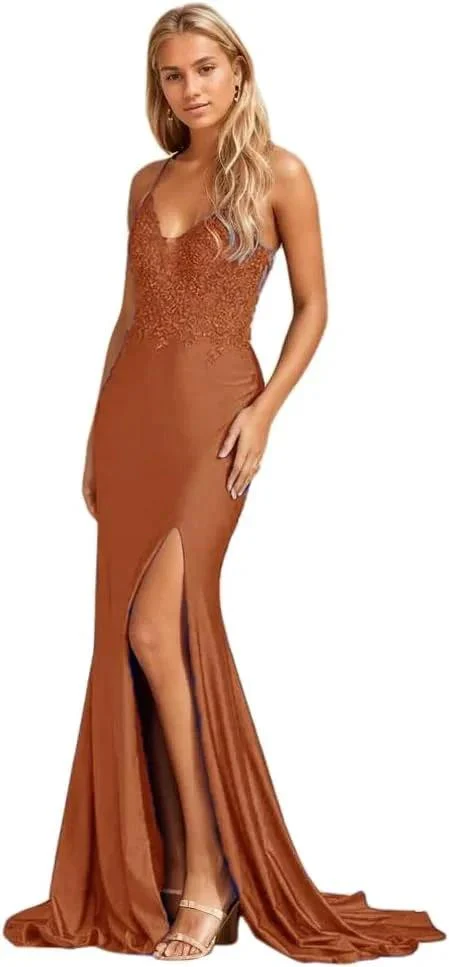 Women's Lace Applique Mermaid Prom Dresses Long with Slit Stretchy Satin V Neck Formal Evening Gown - Image 10