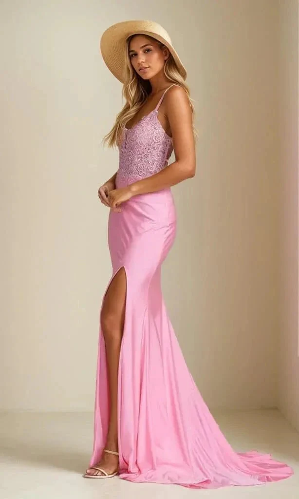 Women's Lace Applique Mermaid Prom Dresses Long with Slit Stretchy Satin V Neck Formal Evening Gown - Image 3