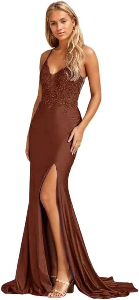 Women's Lace Applique Mermaid Prom Dresses Long with Slit Stretchy Satin V Neck Formal Evening Gown - Image 6