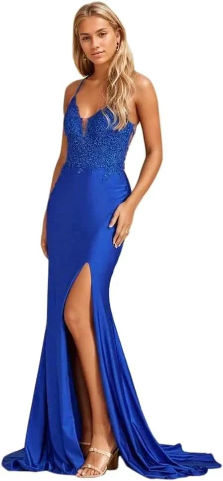 Women's Lace Applique Mermaid Prom Dresses Long with Slit Stretchy Satin V Neck Formal Evening Gown - Image 7
