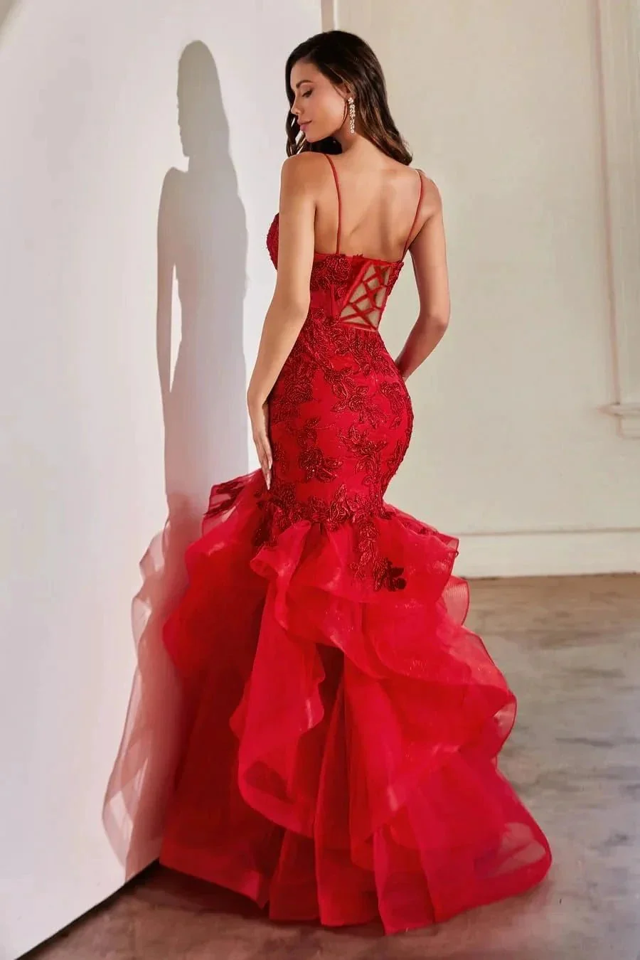 Women's Lace Applique Tulle Prom Dresses Long Mermaid Ruffles Sparkly Formal Evening Party Gown - Image 2