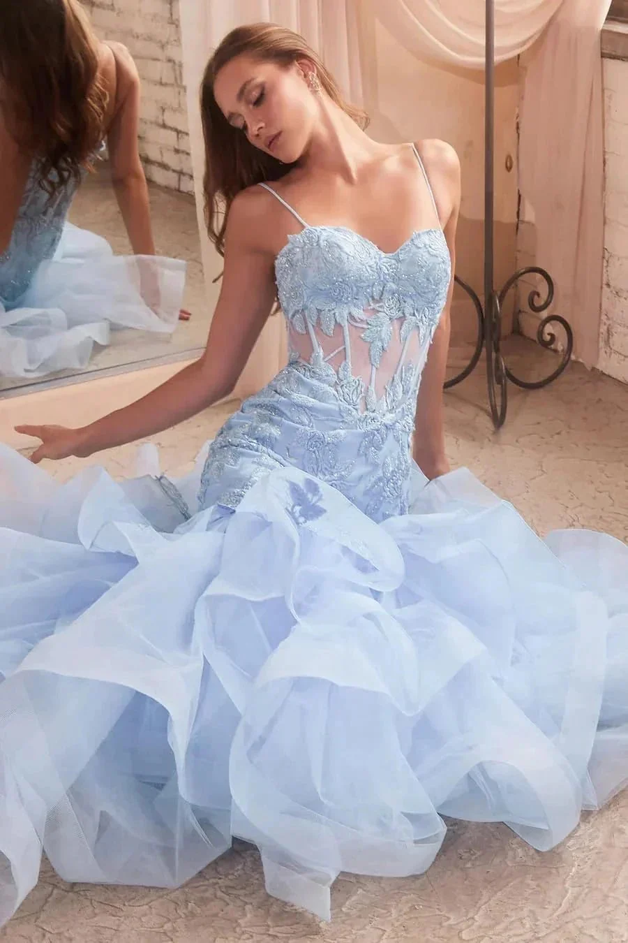 Women's Lace Applique Tulle Prom Dresses Long Mermaid Ruffles Sparkly Formal Evening Party Gown - Image 3