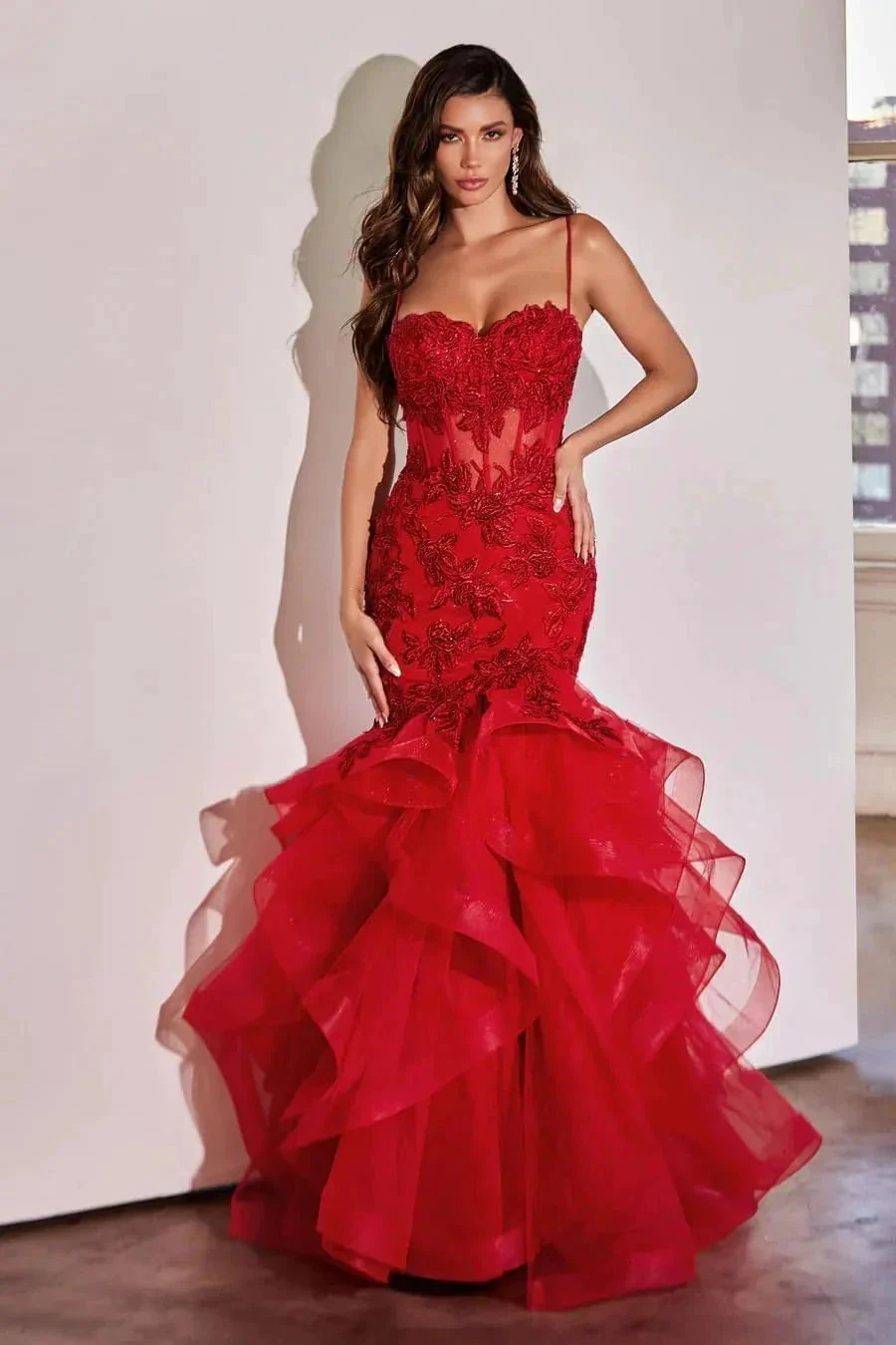 Women's Lace Applique Tulle Prom Dresses Long Mermaid Ruffles Sparkly Formal Evening Party Gown - Image 5