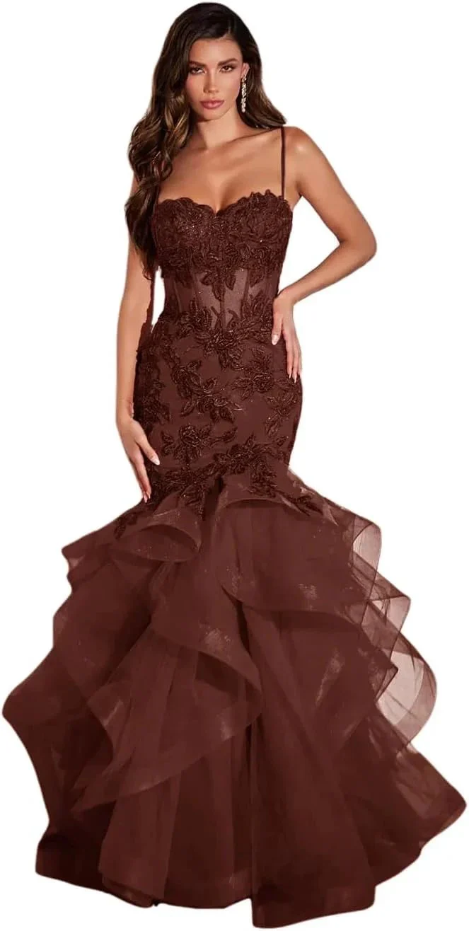 Women's Lace Applique Tulle Prom Dresses Long Mermaid Ruffles Sparkly Formal Evening Party Gown - Image 6