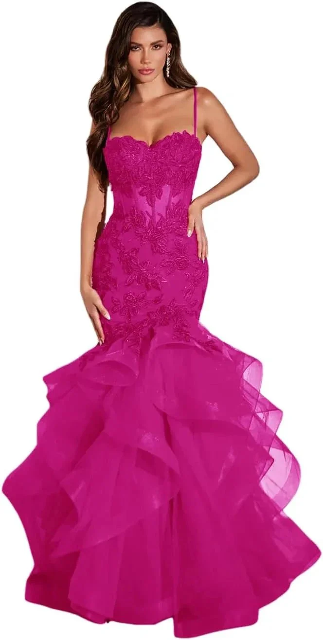 Women's Lace Applique Tulle Prom Dresses Long Mermaid Ruffles Sparkly Formal Evening Party Gown - Image 7