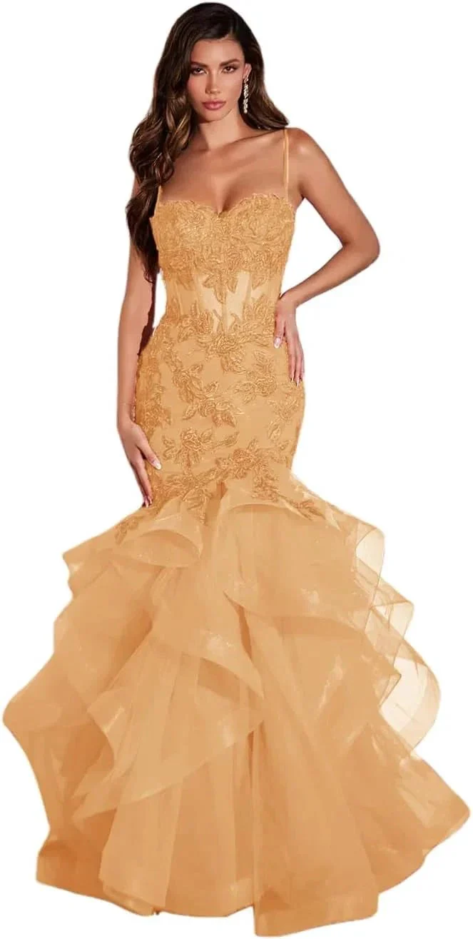 Women's Lace Applique Tulle Prom Dresses Long Mermaid Ruffles Sparkly Formal Evening Party Gown - Image 8