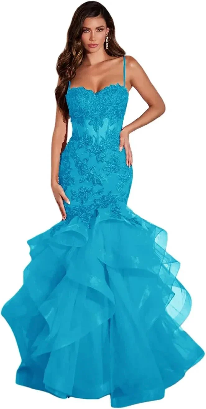 Women's Lace Applique Tulle Prom Dresses Long Mermaid Ruffles Sparkly Formal Evening Party Gown - Image 9
