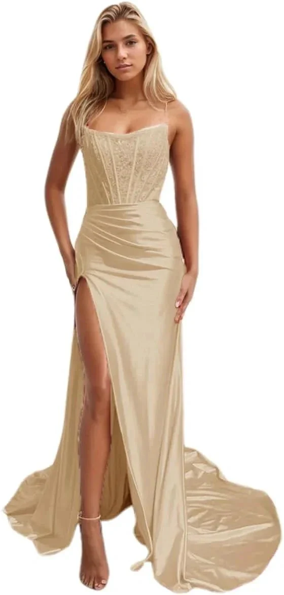 Women's Satin Lace Mermaid Prom Dresses Long with Slit 2025 Strapless Formal Evening Party Gown - Image 10