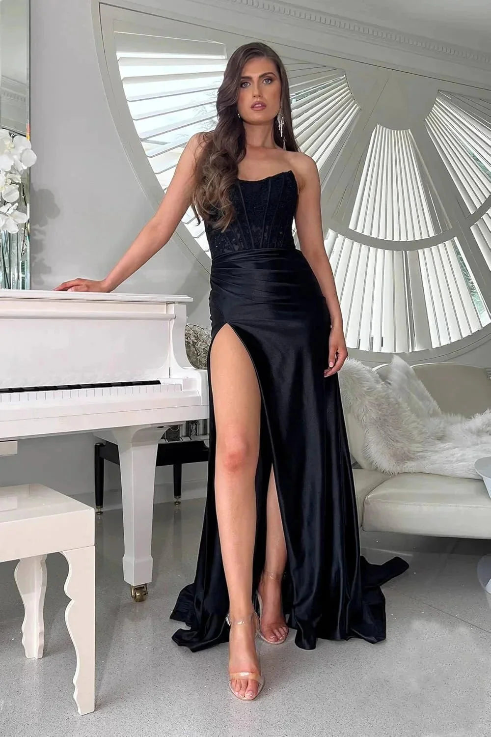 Women's Satin Lace Mermaid Prom Dresses Long with Slit 2025 Strapless Formal Evening Party Gown - Image 4