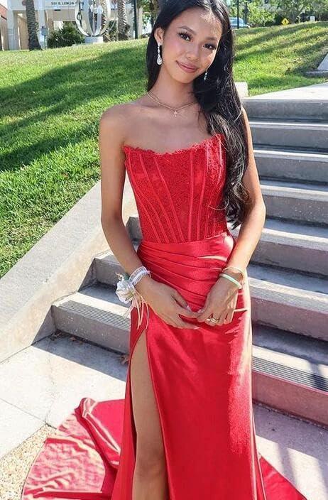 Women's Satin Lace Mermaid Prom Dresses Long with Slit 2025 Strapless Formal Evening Party Gown - Image 5