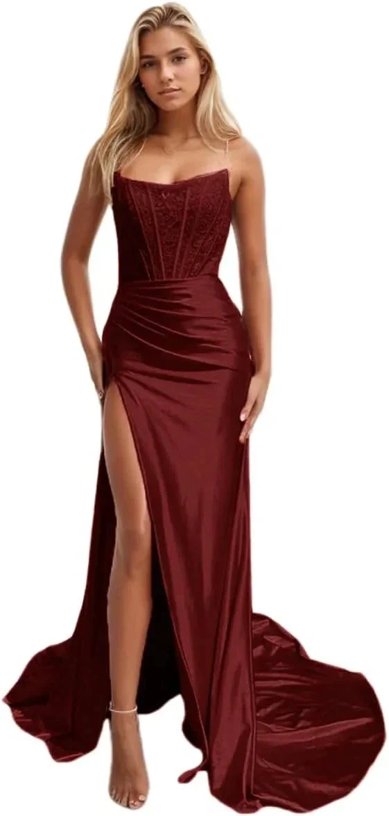 Women's Satin Lace Mermaid Prom Dresses Long with Slit 2025 Strapless Formal Evening Party Gown - Image 6