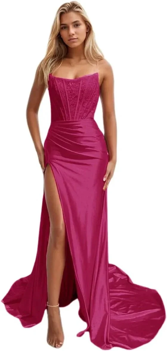 Women's Satin Lace Mermaid Prom Dresses Long with Slit 2025 Strapless Formal Evening Party Gown - Image 7