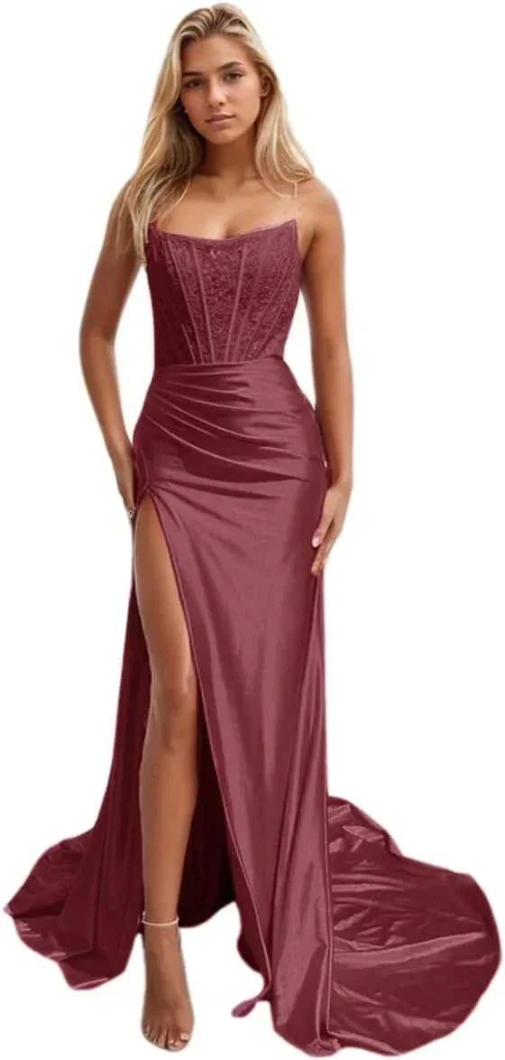 Women's Satin Lace Mermaid Prom Dresses Long with Slit 2025 Strapless Formal Evening Party Gown - Image 8