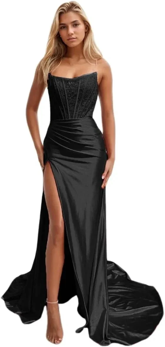 Women's Satin Lace Mermaid Prom Dresses Long with Slit 2025 Strapless Formal Evening Party Gown - Image 9