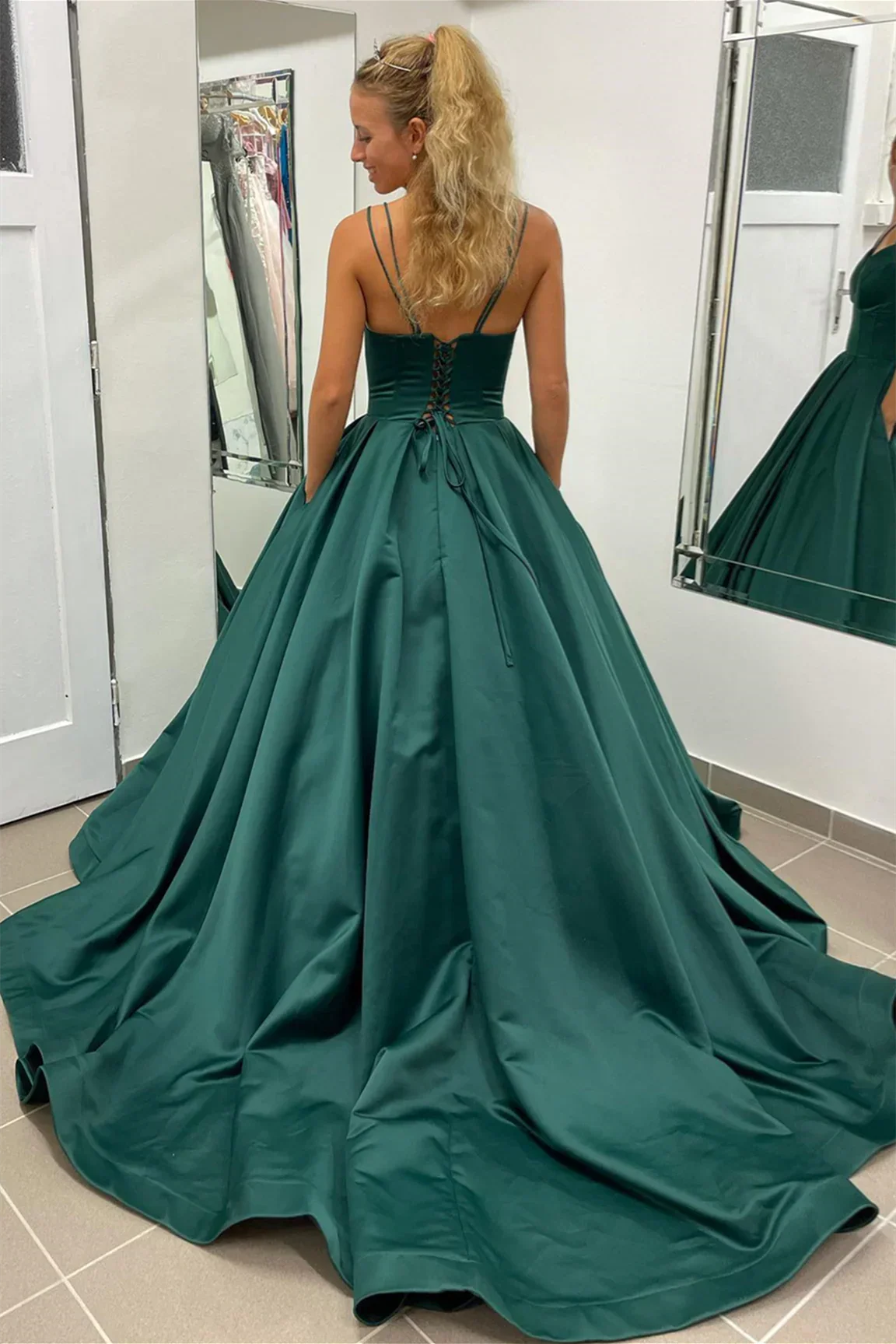 Nicole |A-line Hunter Green V-Neck Satin Long Prom Dress - Image 3