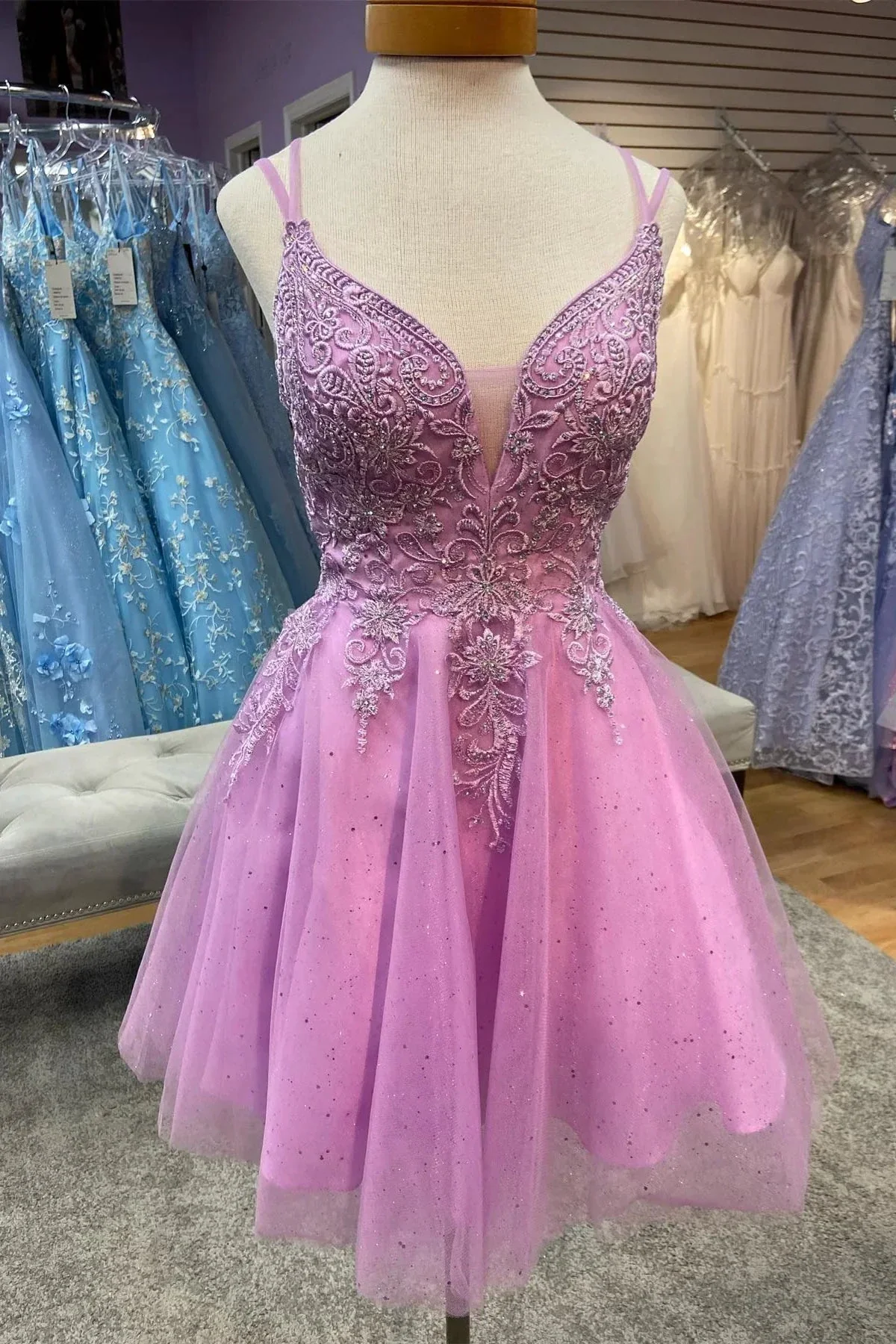 Hunter Green Plunging V Neck Straps Appliques Tulle Homecoming Dress Y2074 - Image 3