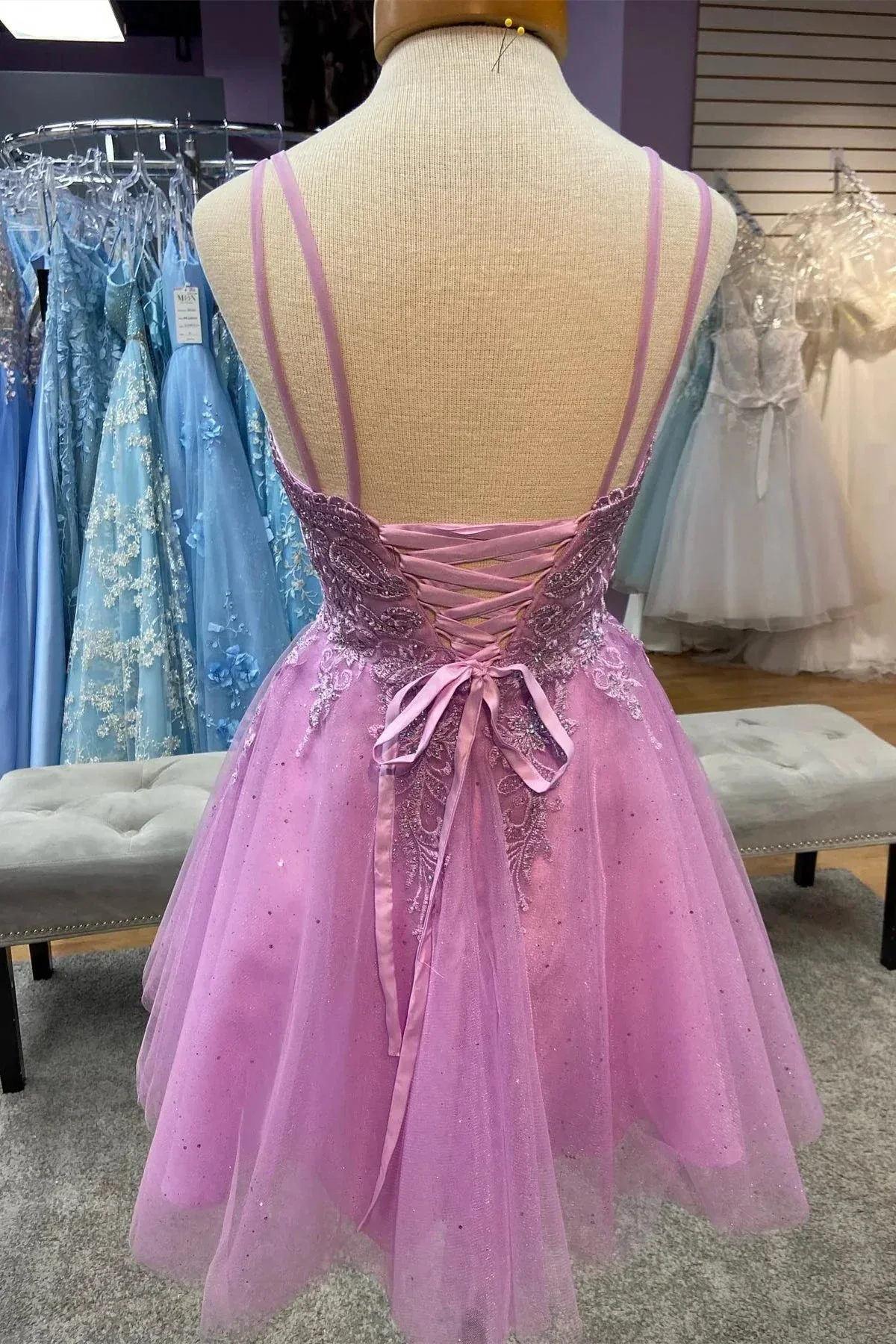 Hunter Green Plunging V Neck Straps Appliques Tulle Homecoming Dress Y2074 - Image 4