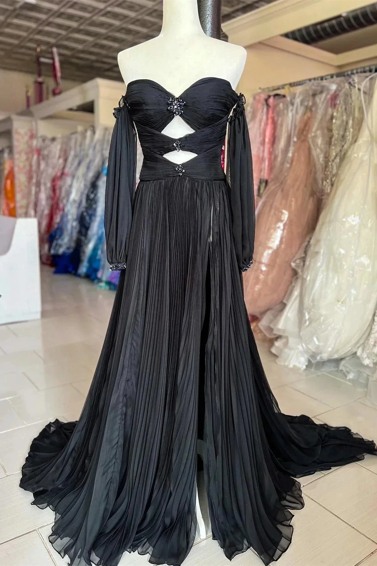Ana | Hunter Green Rhinestones Strapless A-Line Prom Dress with Sleeves - Image 2
