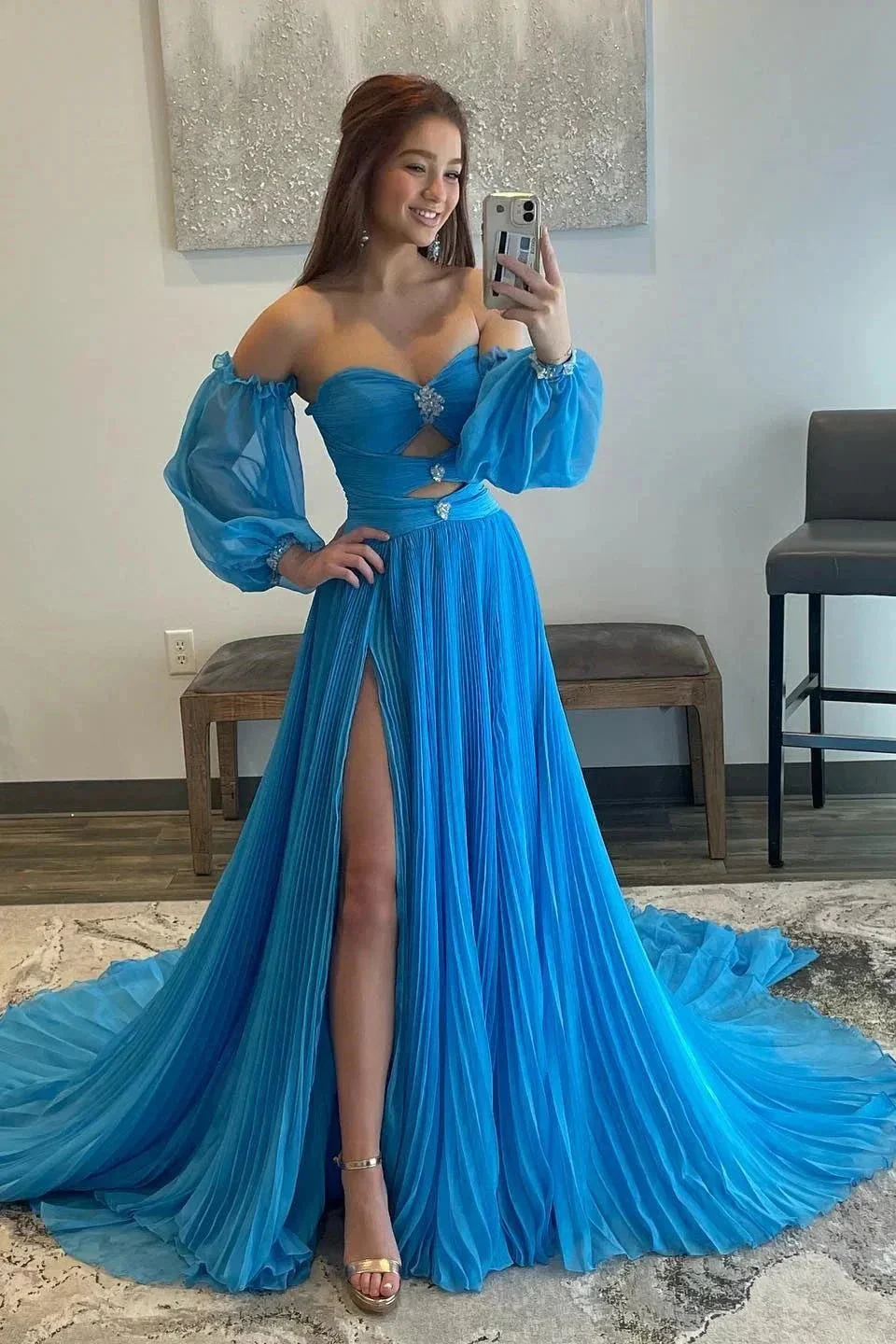 Ana | Hunter Green Rhinestones Strapless A-Line Prom Dress with Sleeves - Image 3