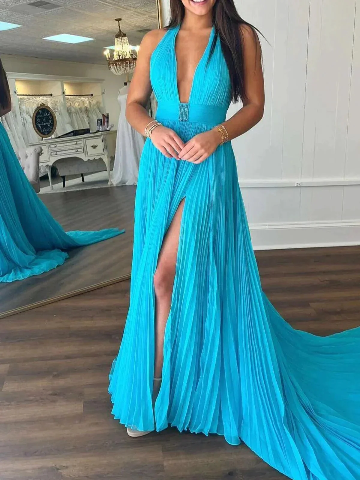 Idelisa | A-Line Halter Backless Pleated Blue Chiffon Long Prom Dresses - Image 3