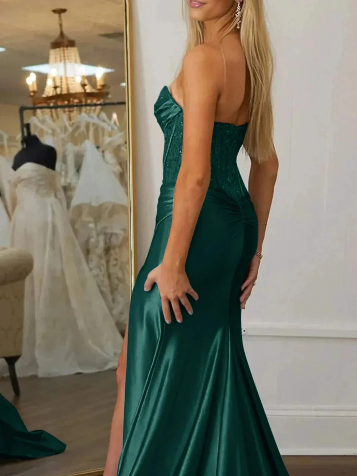 Idra | Emerald Green Beaded Strapless Applique Formal Dress with Slit - Image 10