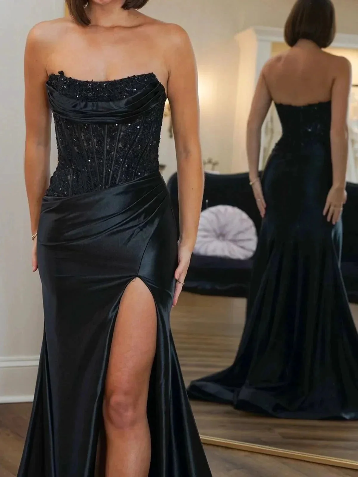 Idra | Emerald Green Beaded Strapless Applique Formal Dress with Slit - Image 3