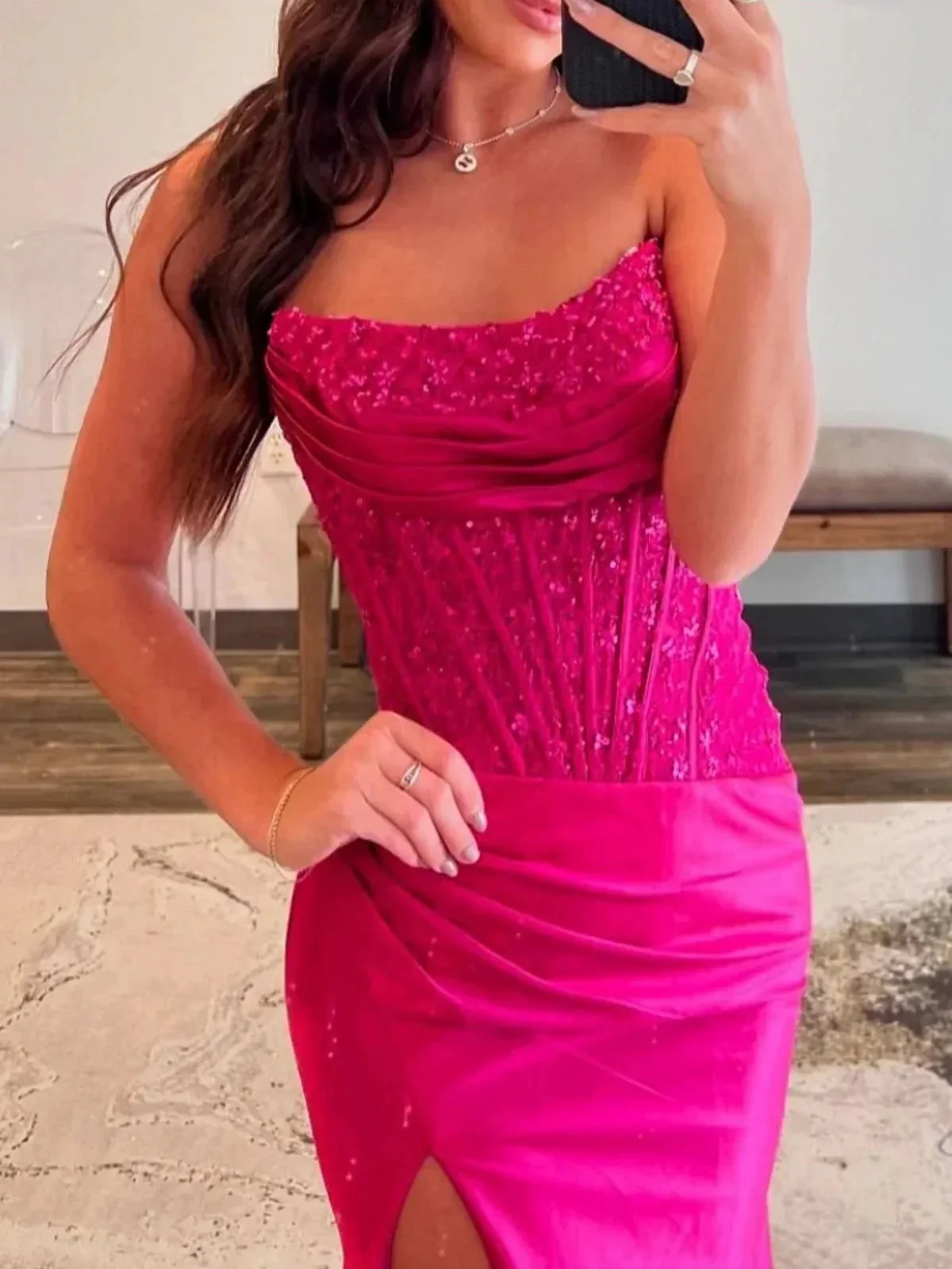 Idra | Emerald Green Beaded Strapless Applique Formal Dress with Slit - Image 6