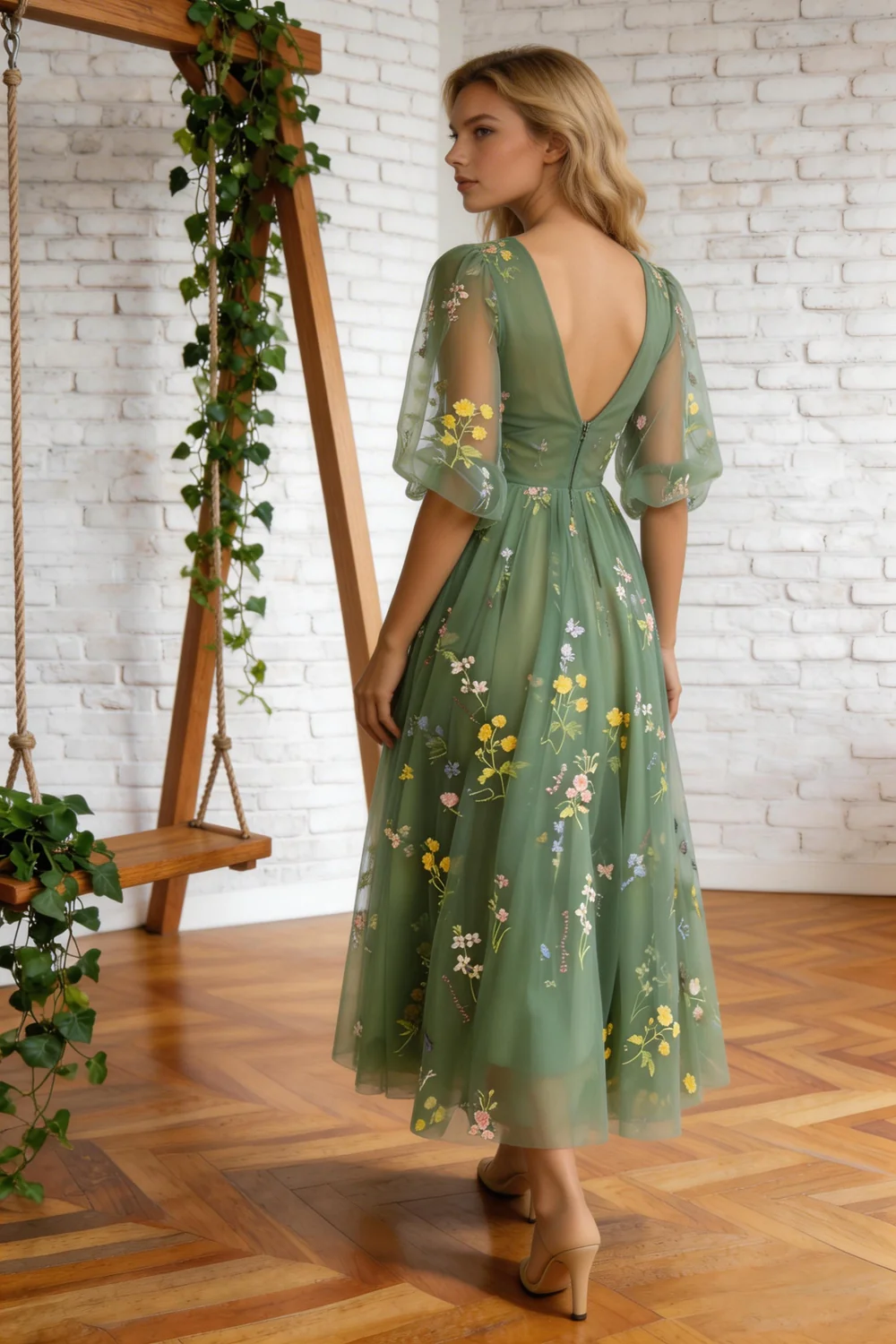 Illusion A-Line V-Neck Half Sleeves Appliques Tulle Prom Formal Dress  PSK384 - Image 4