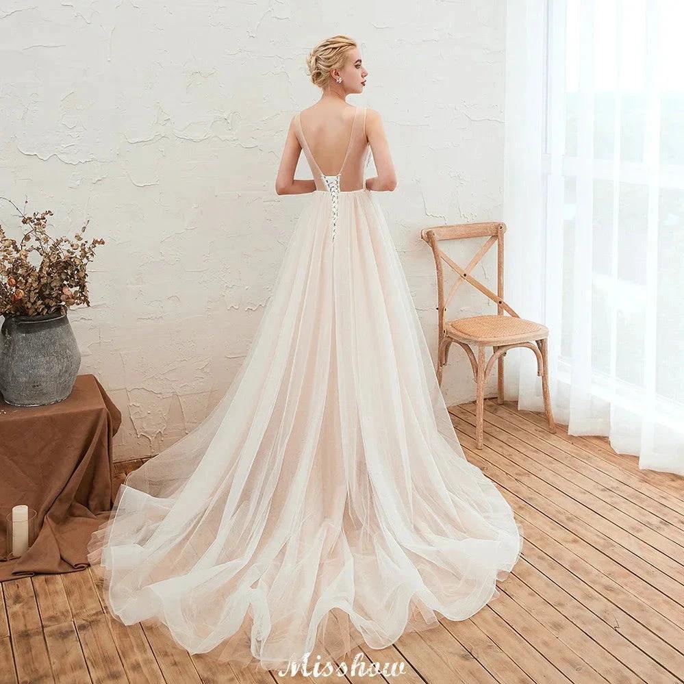Illusion Neck Champagne Wedding Dress Sleeveless Summer Bridal Gown - Image 2